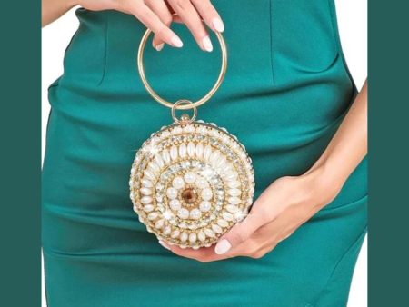 Rhinestone & faux pearl decor chain circle bag. Online