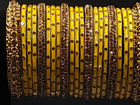 Stone studded yellow and golden bangles set Online