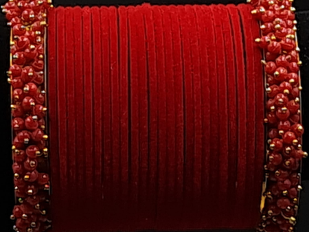 Red velvet bangles set with red pearl kadas For Cheap