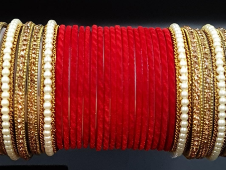 Antique gold finished pearl kada bangle red bridal chura For Sale