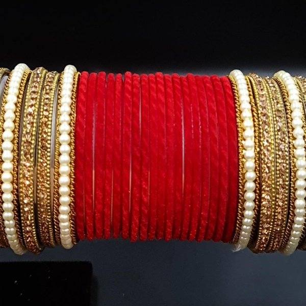 Antique gold finished pearl kada bangle red bridal chura For Sale