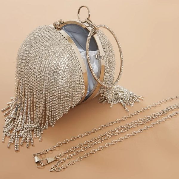 Silver Diamante Tassel Sphere Clutch. Fashion