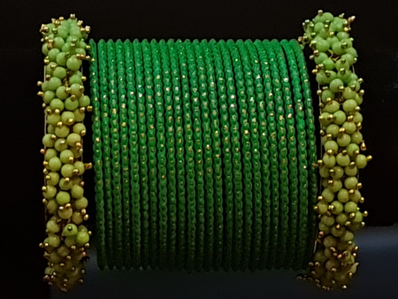 Forest green bangles set with lime green beads cluster kadas For Cheap