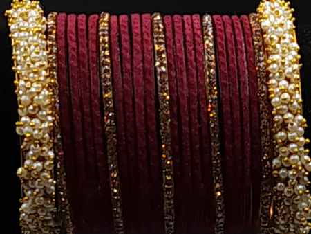 Traditional maroon velvet bangles set with pearl kangan Online