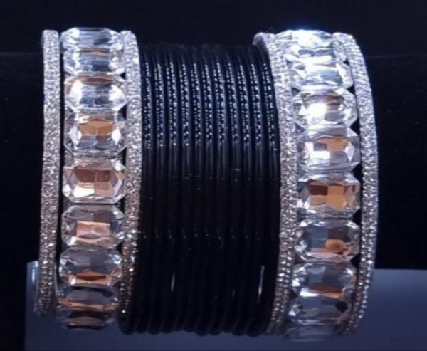 AD stones kadas with plain black glass bangles set.(2.8) Cheap