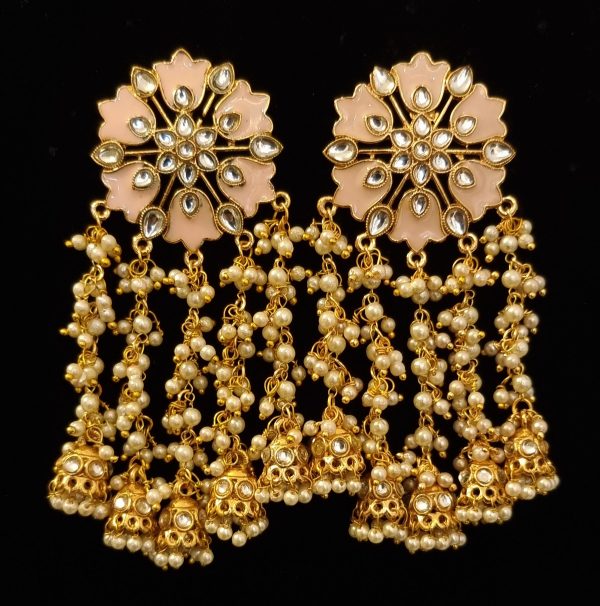 Meenakari Pearl Beaded Grey Earrings on Sale