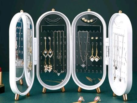 Plastic Large Jewelry Box Organizer 4 Fan Storage Case Necklace Earrings Ring Mirror Display Desktop Jewel Holder(Random Colour) For Cheap