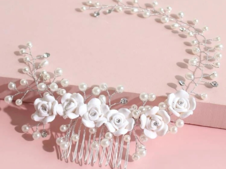 Faux pearl flower decor hair comb on Sale