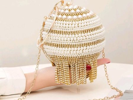 Rhinestone tassel & faux pearl decor circle bag. Online Sale