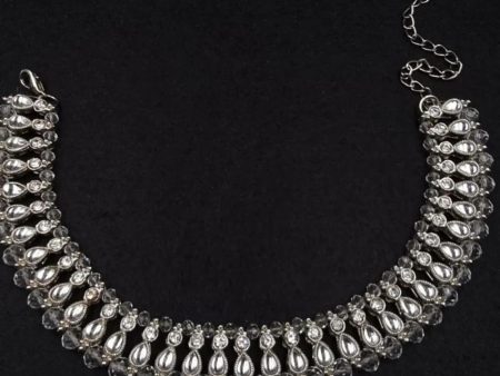 Silver kundan clear beads anklet. on Sale