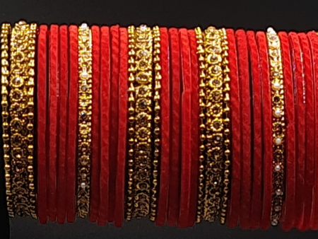 Beautiful red velvet bangles stack with stone studded gold kadas Cheap