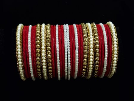 (2.6) Beautiful Red Velvet Chuda Stack With Pearl Kangan - Set Online Hot Sale