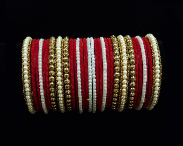 (2.6) Beautiful Red Velvet Chuda Stack With Pearl Kangan - Set Online Hot Sale