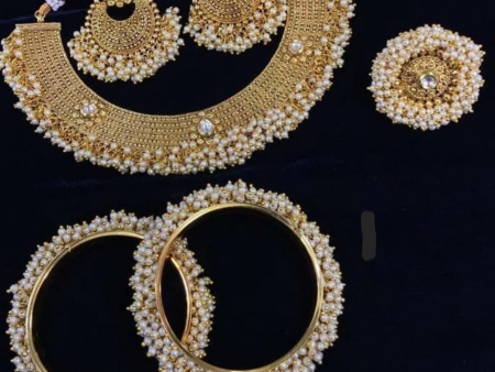 Designer Bridal Matt Gold With White Pearl Necklace, Earring & Bangles Combo Discount