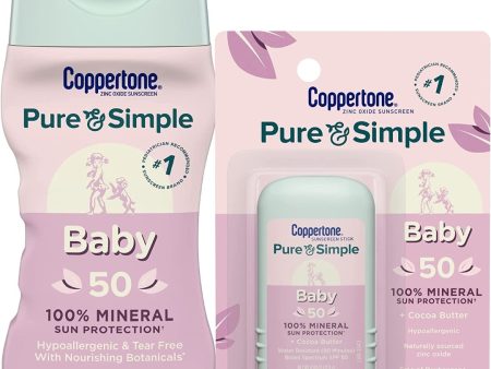 Coppertone Pure and Simple Baby Sunscreen Lotion + Stick Sunscreen SPF 50, Zinc Oxide Mineral Sunscreen for Babies, Water Resistant, Tear Free Sunscreen Pack (6 Fl Oz Bottle +0.49 oz Stick) Hot on Sale