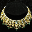 Enhanced with Kundan and Beads Alloy Based Necklace Set in Green and White For Discount