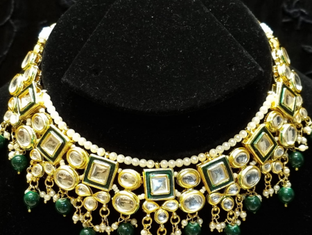 Enhanced with Kundan and Beads Alloy Based Necklace Set in Green and White For Discount