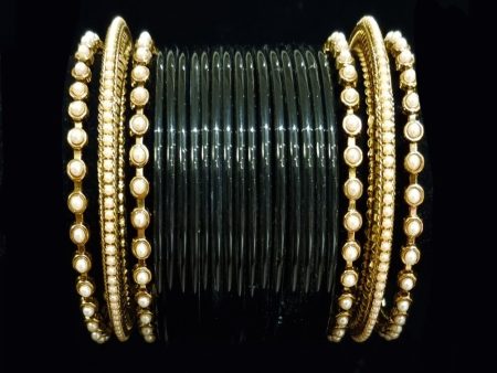 ( 2.8 ) Designer black glass bangles with pearl metal bangles and kada set Online now