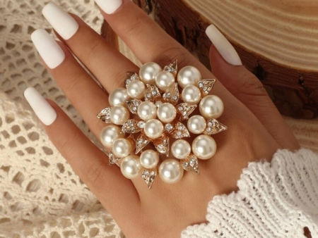 Faux pearl and rhinestone flower ring. For Discount