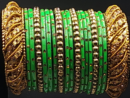 Beautiful combination of parrot green bangles with gold dot and rhine stone kadas Discount