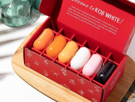 Koji White Kojic Acid Skin Brighten & Glowing Soap - Bath Women Gift Box Set 6 Bars - Papaya, Glutathione, Vitamin C, Collagen, Charcoal for Dark Sport, Hydrating, Cleansing Facial & Body 2.8 Oz each Hot on Sale